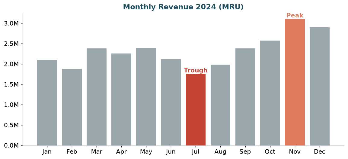 Monthly revenue 2024 showing November peak and July trough